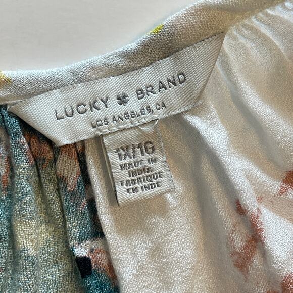 Lucky Brand Ivory Floral Peasant Top Womens Size 1X Tie Neck Boho Blouse - Picture 5 of 8
